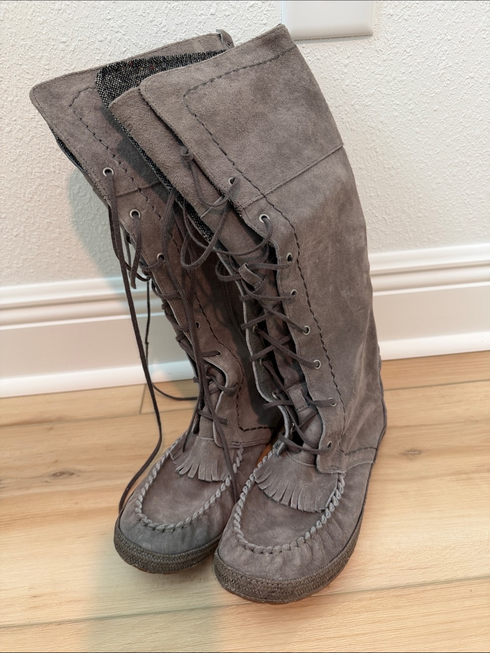UGG Gray Suede Lace-Up Knee Boots with Fringe